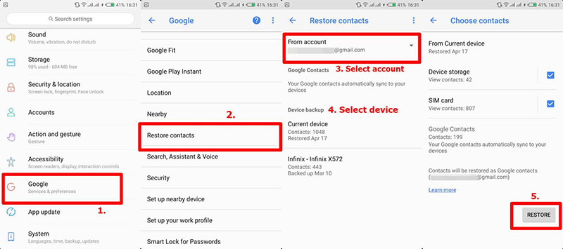 restore contacts from google backup
