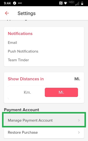 manage tinder payment account