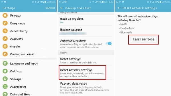 reset network settings android