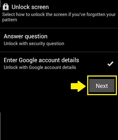 Unlock screen enter google account details