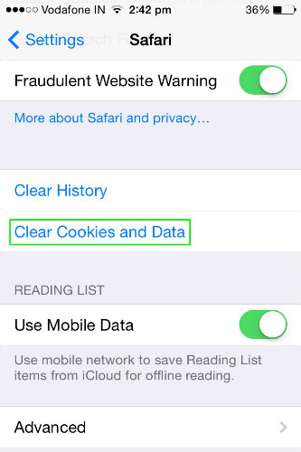 clear cookies and data