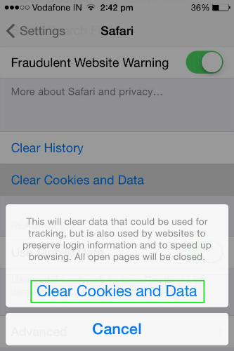 confirm clearing cookies and data