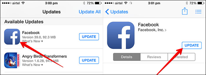 fix iphone blue screen - update a single app