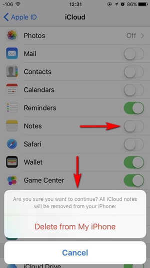 delete notes data from icloud