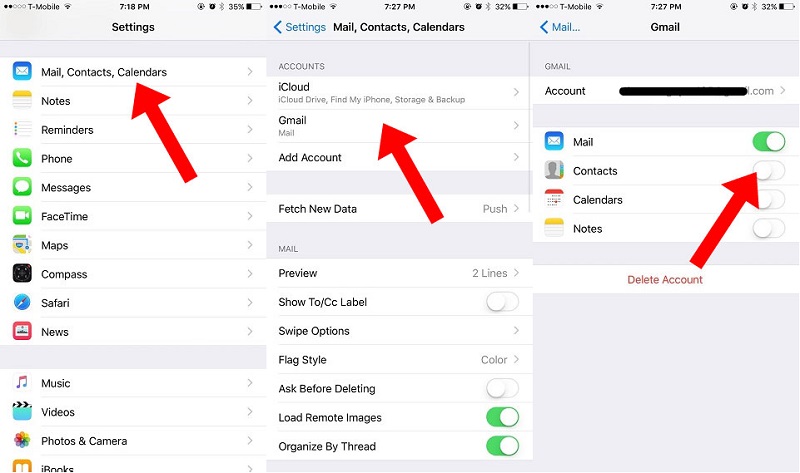 iphone mail contacts calendar settings