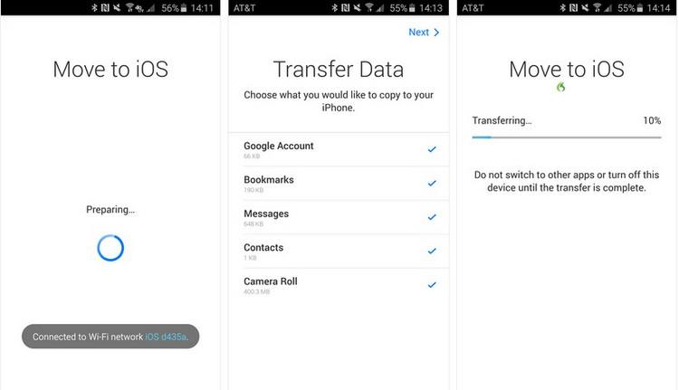 transfer contacts from android to iphone with move to ios app