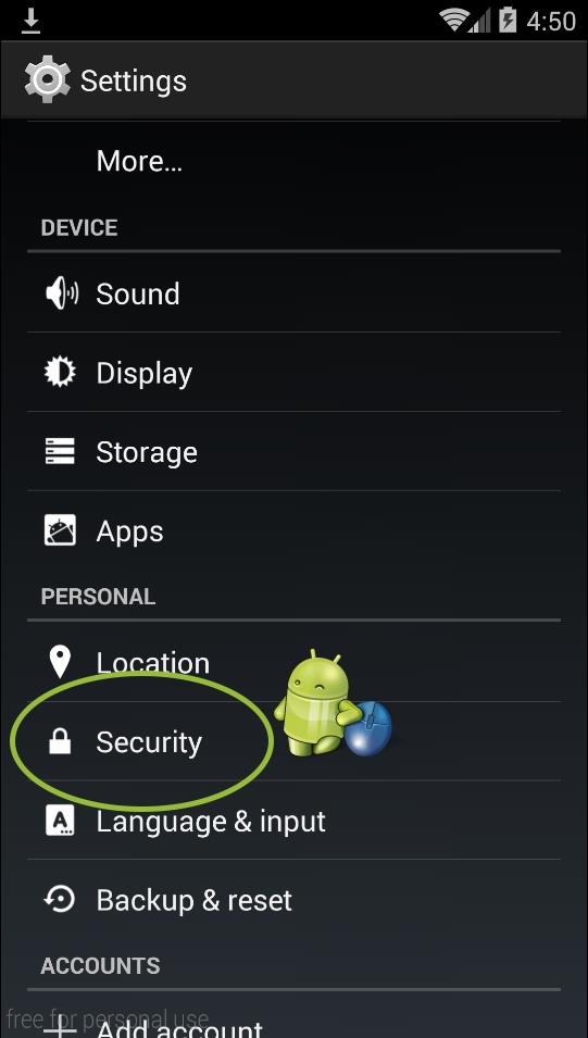 go to android security settings