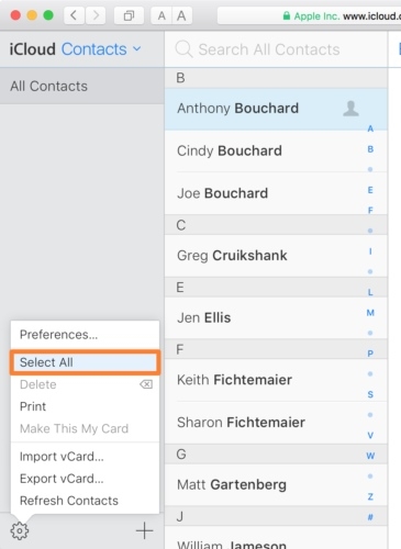 select contacts on icloud