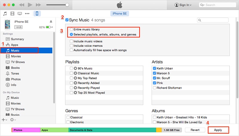 sync selected music files to iphone from laptop