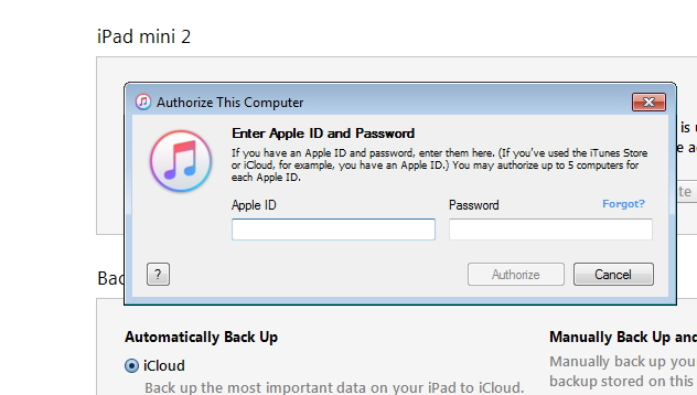 Syncing iPad to New Computer Using iTunes - provide apple ID and password