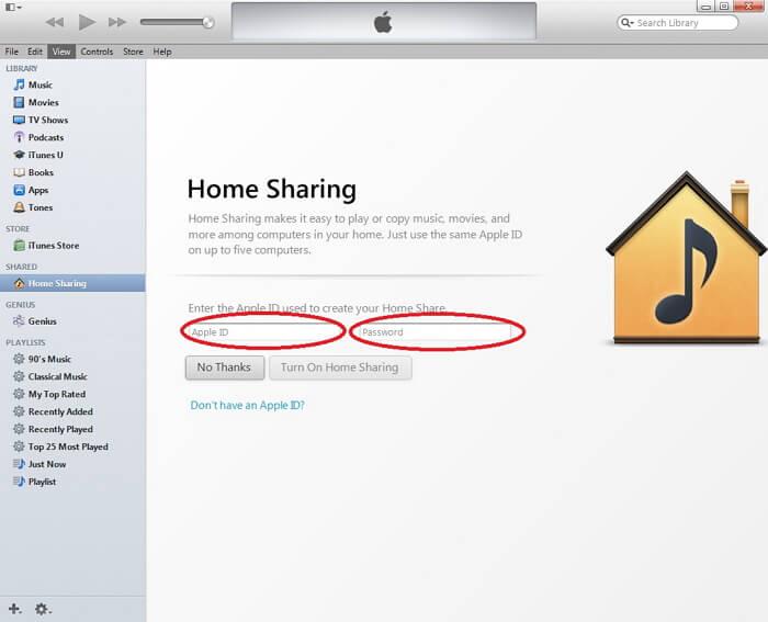 setup itunes home sharing-Enter Apple ID