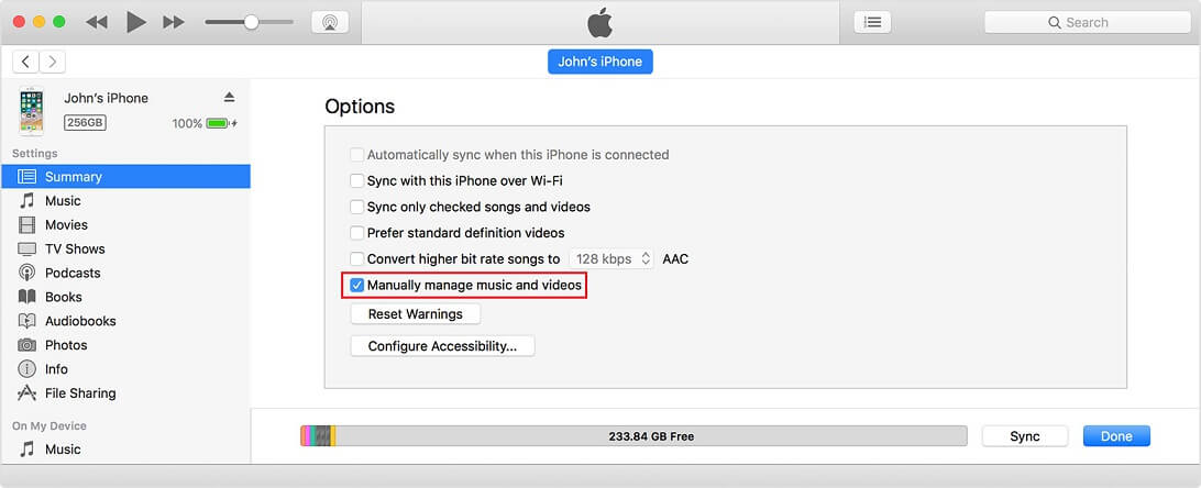 sync music from itunes to iPhone XS (Max) - select the transfer option