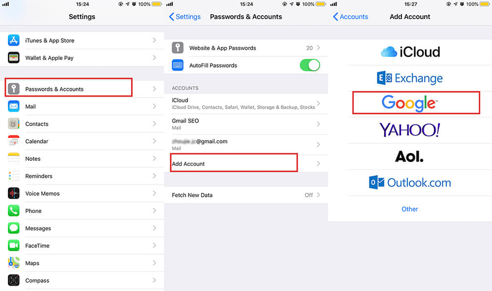 import contacts to iPhone XS (Max) - add gmail account