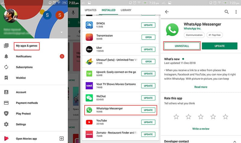 delete whatsapp account using google play