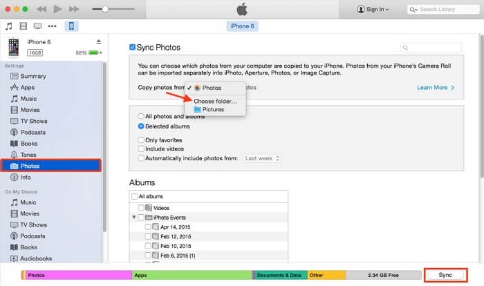 sync photos from samsung to iphone using itunes