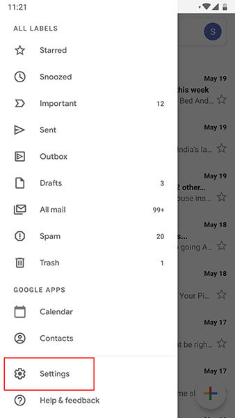 Gmail crashing on Android - find settings