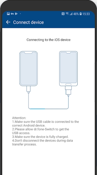 connect with iphone using ios data cable and usb connector