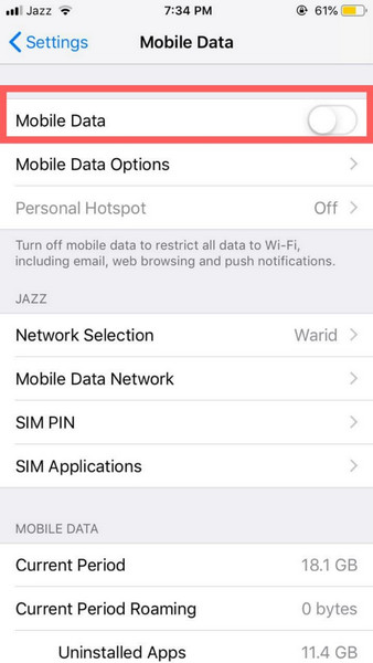 mobile data settings in iphone