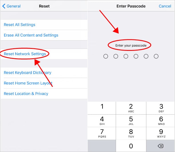 reset network settings and enter password