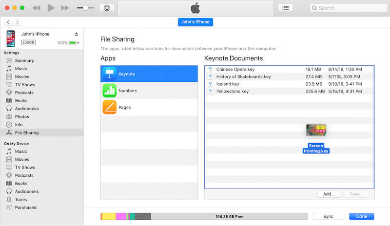Drag-and-drop ﬁles to apps in iTunes File Sharing window