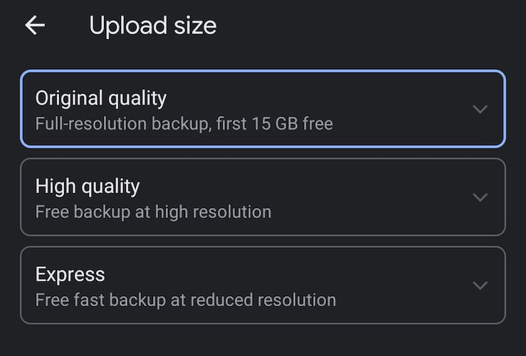 Choose Upload Size in Photos on Android