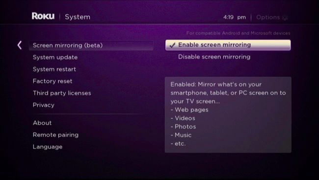 enable screen mirroring feature