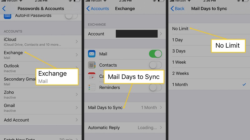  setting mail as no limit in iphone