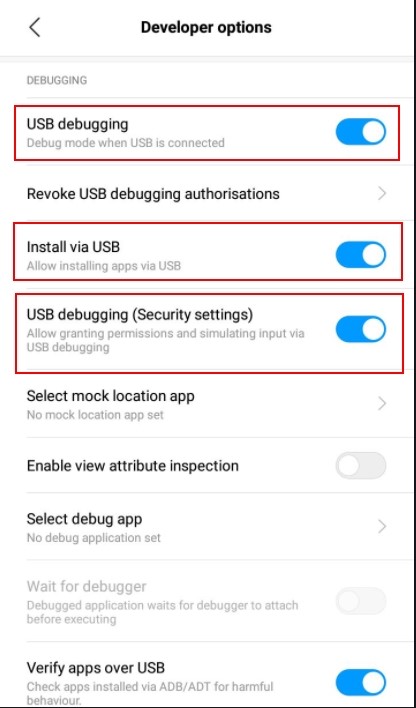 enable usb debugging from settings