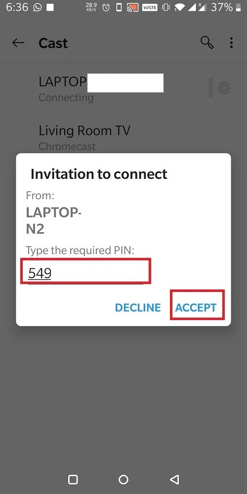 enter the pin for successful connection