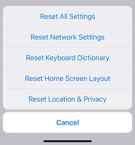 reset options under reset menu