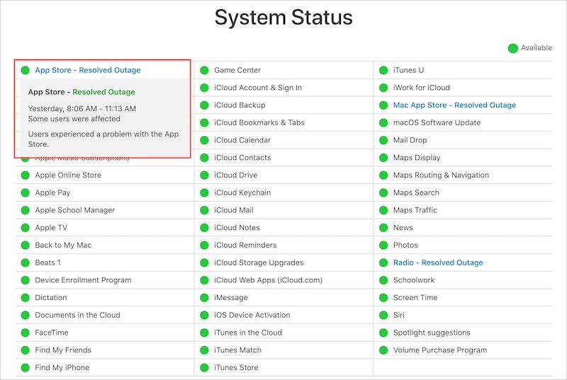apple system status page