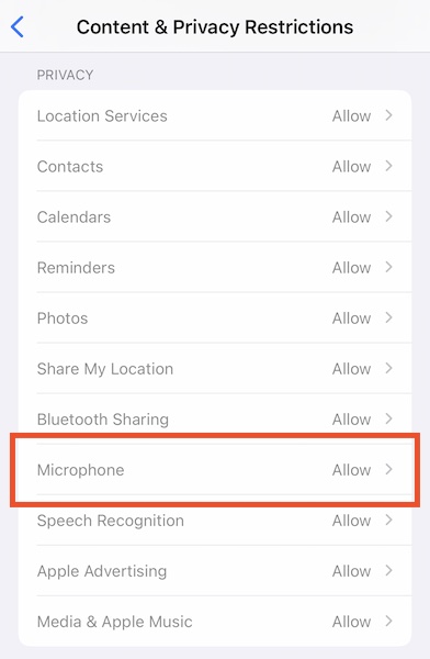 microphone permission in screen time
