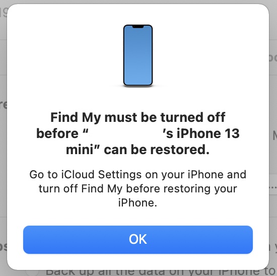 prompt to disable find my iphone