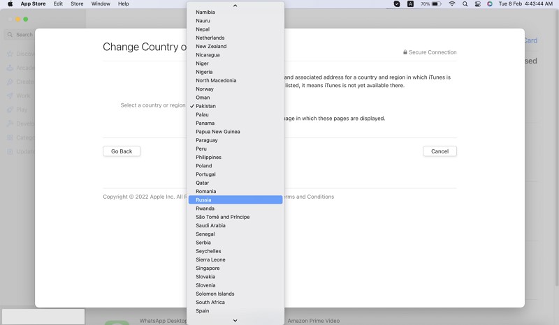 choose new country from menu