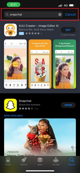 search snapchat in app store