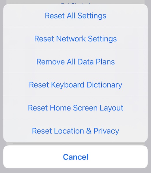 reset settings options