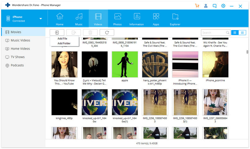 transfer videos from PC to iPhone-Add Folder or Add files