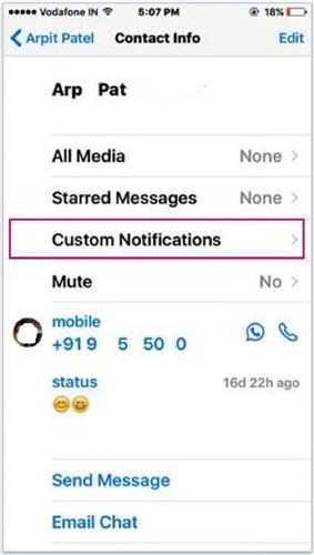 whatsapp ringtone-Click on Custom Notifications