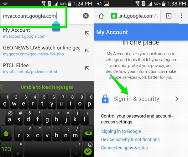 reset Gmail password on Android-find the Sign-in and security option