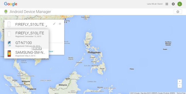 android Device Manager list of devices