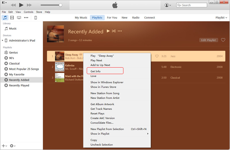Transfer MP3 to iPad with iTunes: Get Info