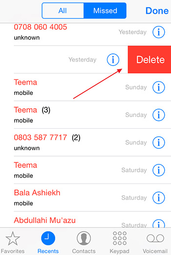 delete button to delete missed calls