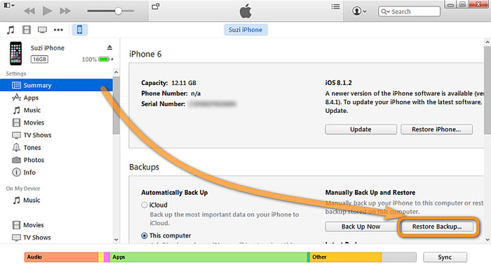 Restore iPhone from iTunes backup entirely