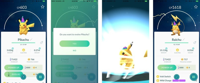 Use Pokémon Go Candy to evolve Pokémon Pikachu to Raichu