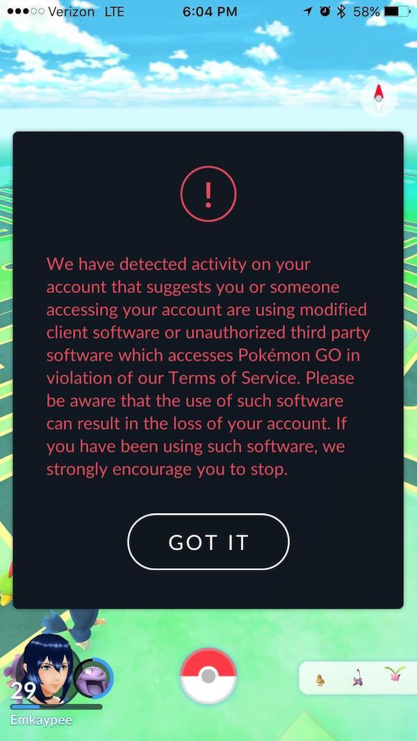 Warning issued on Pokemon Go when you violate their TOS through hacking