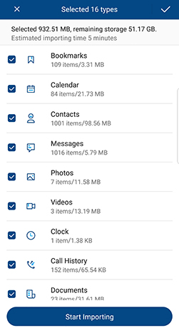 select data types to transfer from iphone to android