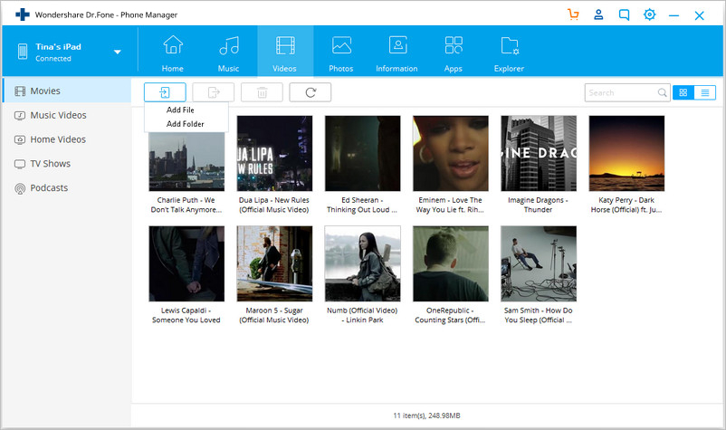 Transfer Videos to iPad without iTunes - Choose Movies Tab