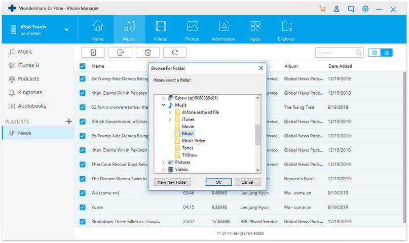 transfer music from iPod to Windows Media Player using Dr.Fone - Phone Manager (iOS)