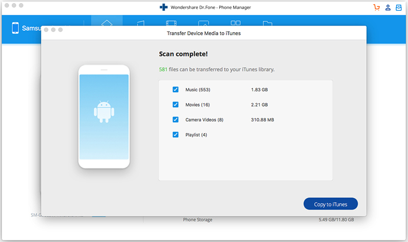 how to transfer music from Android to itunes-check music and copy to itunes